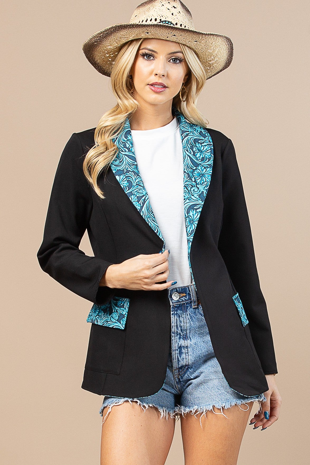 Tooled Turquoise Leather Print Blazer  arrives by 12/18/23