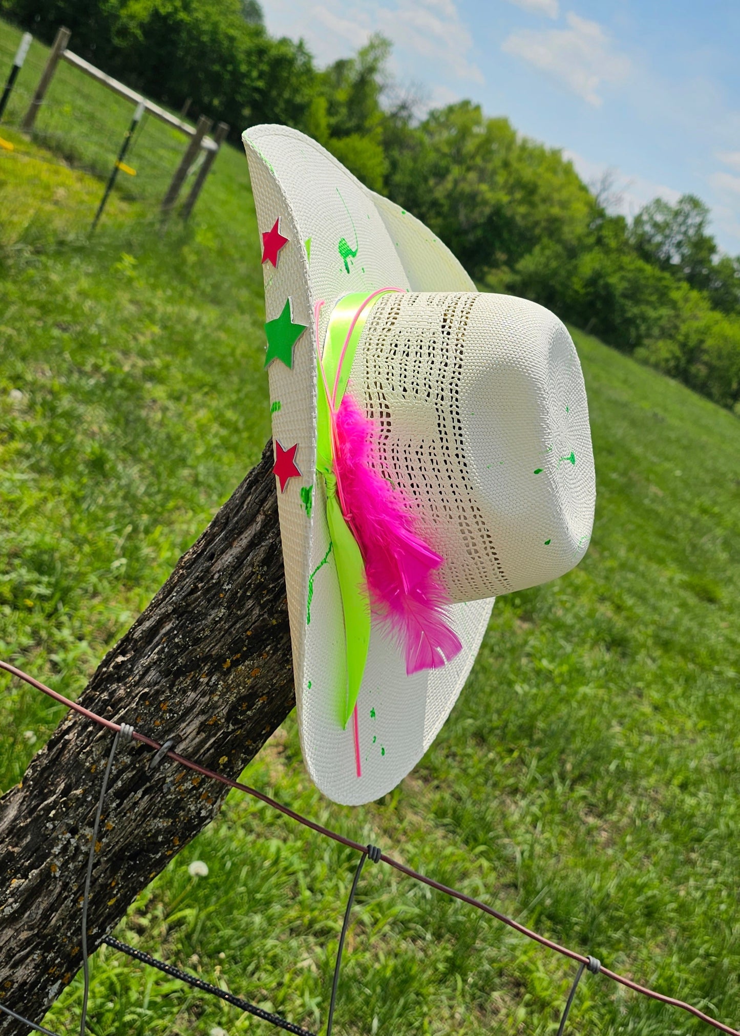 Neon Paint Splatter & Stars Straw Hat size 7 1/8