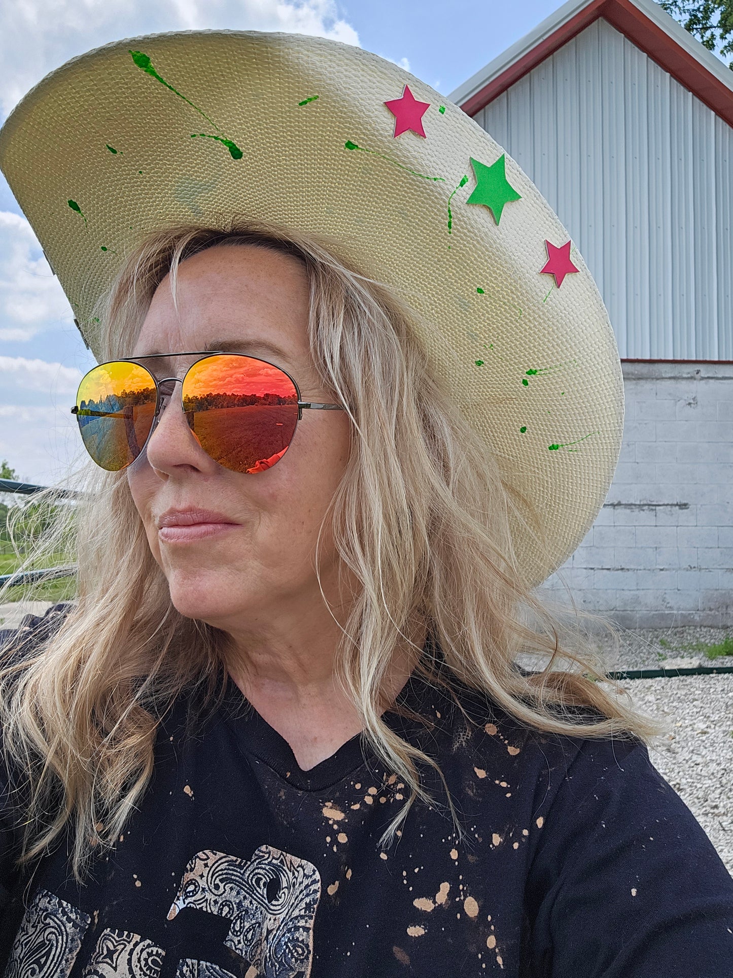 Neon Paint Splatter & Stars Straw Hat size 7 1/8
