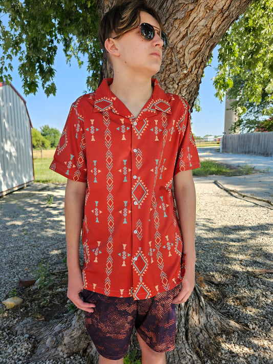 Rust Aztec Men's Western Camp Shirt