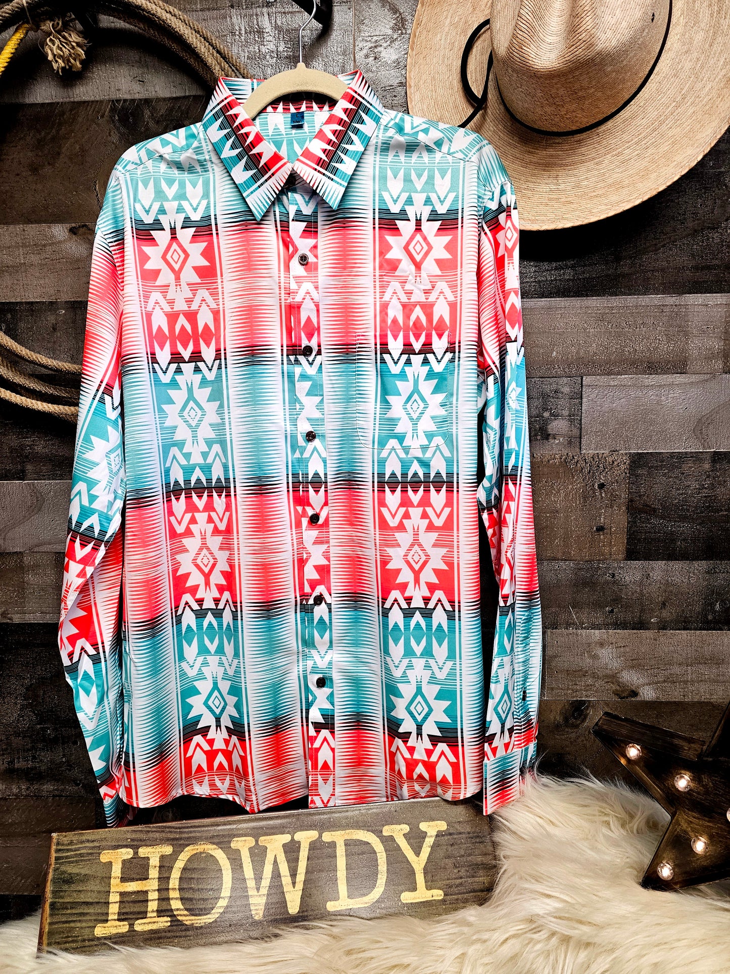 Turquoise Orange Aztec Unisex Western Button UP Shirt | Baha Ranch Western Wear Turquoise Orange Aztec Unisex Western Button UP Shirt | Baha Ranch Western Wear
