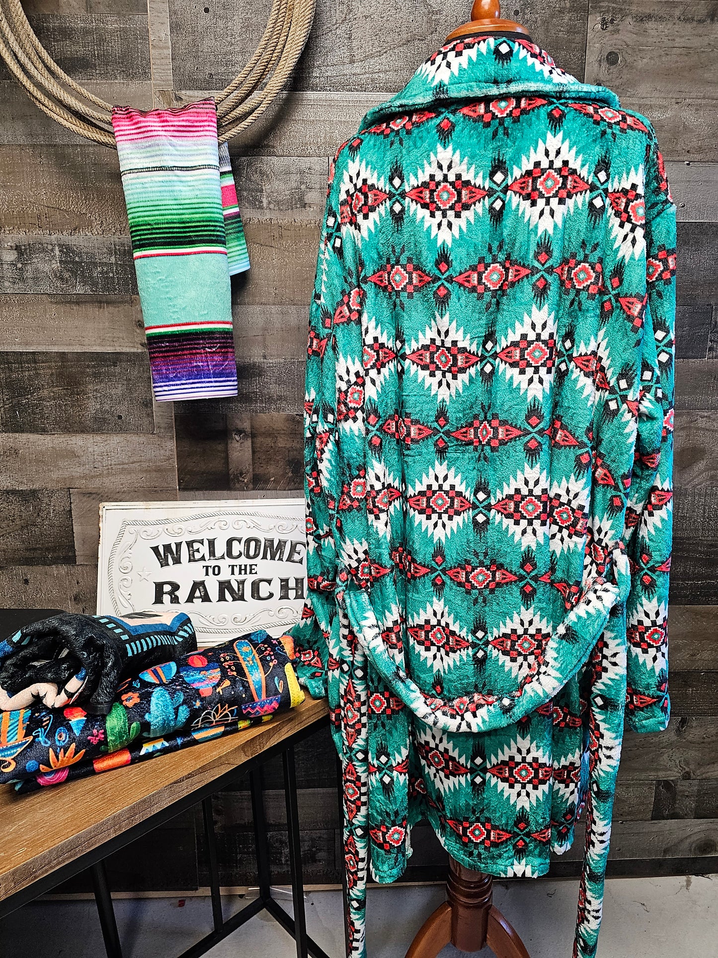 Teal Aztec Women's Western Bath Robe