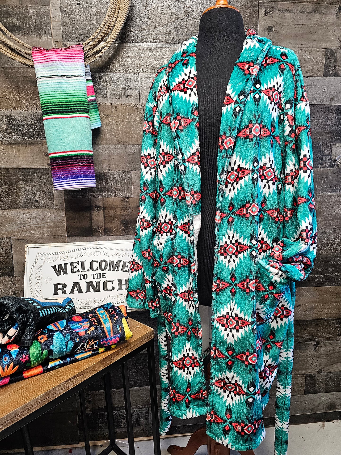 Teal Aztec Women's Western Bath Robe