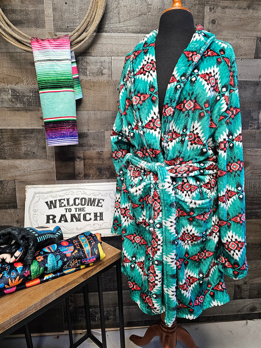 Teal Aztec Women's Western Bath Robe