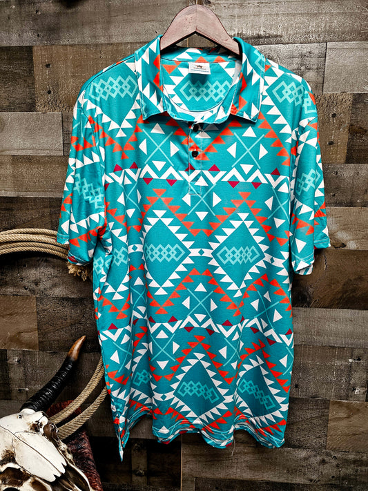 Baha Ranch Aqua Aztec Polo Style Shirt