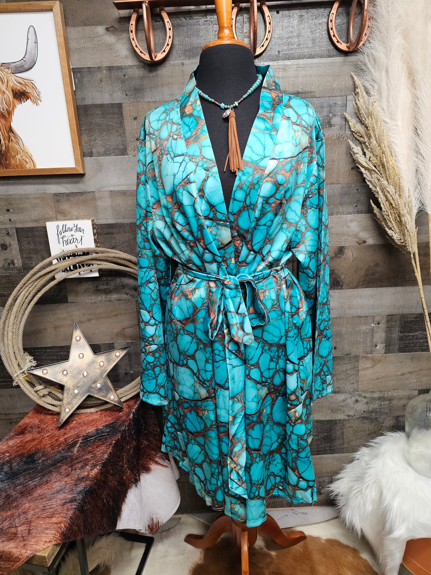 All Turquoise Women's Long Sleeve Belted Satin Feel Dressing Lounge Robe