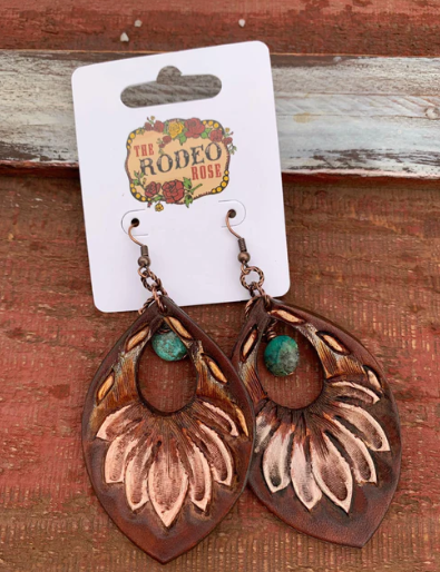 The Dale Hand Tooled Leather Earrings with White Buckstitch and Turquoise Beads