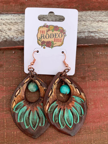 The Dale Hand Tooled Leather Earrings with White Buckstitch and Turquoise Beads
