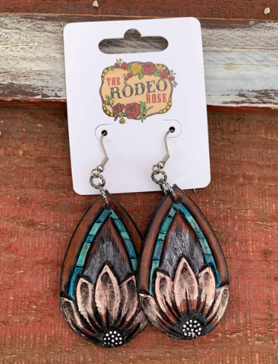The Tad Hand tooled Leather Earring with Turquoise Border