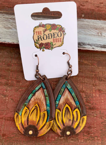 The Tad Hand tooled Leather Earring with Turquoise Border
