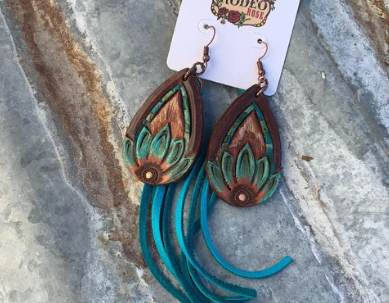 The Tad Hand Tooled Leather Earrings with Turquoise Border and Turquoise Deerskin Fringe