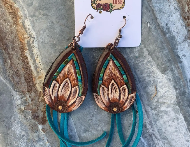 The Tad Hand Tooled Leather Earrings with Turquoise Border and Turquoise Deerskin Fringe