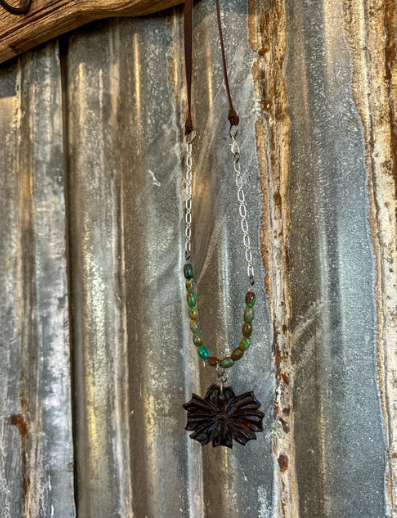 The Mabel Necklace with Green Turquoise Beads and Handtooled Leather Flower Pendant