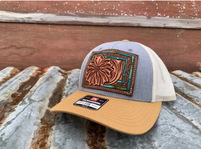 The Daisy Handtooled Leather Patch Cap with Turquoise Southwestern Border