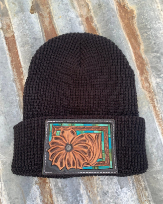 The Daisy Handtooled Leather Patch Beanie, Fitted in Turquoise and Southwest Border