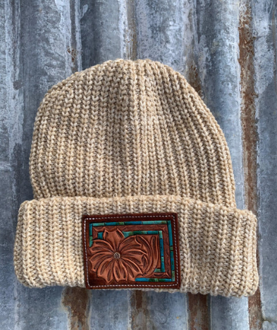 The Daisy Handtooled Leather Patch Beanie, Oversized in Turquoise and Southwest Border