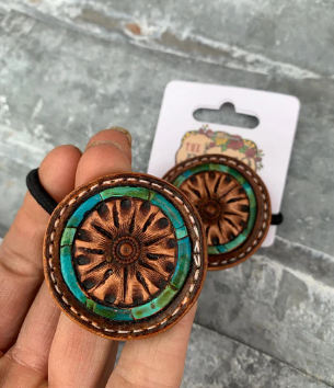 Hand Tooled Leather Hair-Tie with Floral and Turquoise Border