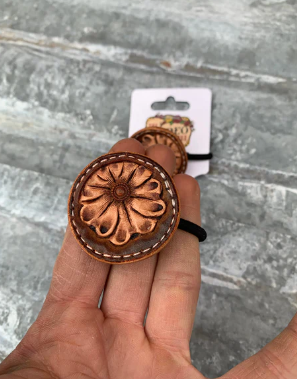 Hand Tooled Leather Hair-Tie with Sheridan Flower