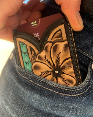 Front Pocket Hand Tooled Leather Wallet with a Flower and Southwest