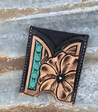 Front Pocket Hand Tooled Leather Wallet with a Flower and Southwest