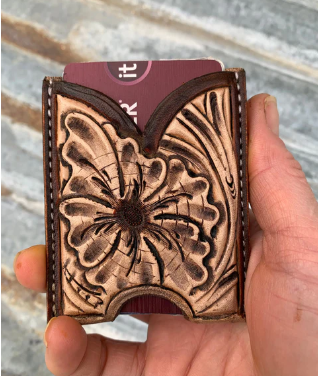 Front Pocket Hand Tooled Leather Wallet with a Sheridan Flower
