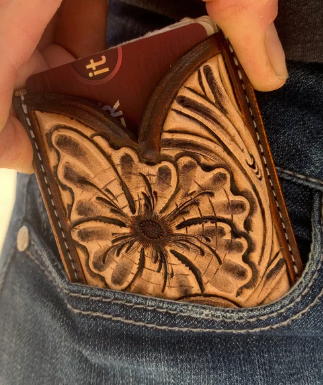 Front Pocket Hand Tooled Leather Wallet with a Sheridan Flower