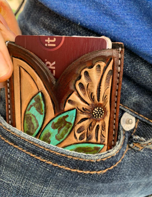 Front Pocket Hand Tooled Leather Wallet with a Turquoise Sun and Flower