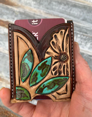 Front Pocket Hand Tooled Leather Wallet with a Turquoise Sun and Flower