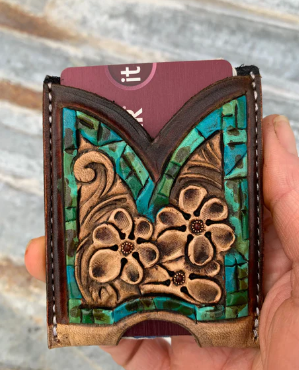 Front Pocket Hand Tooled Leather Wallet with Petite Flowers and Turquoise Border