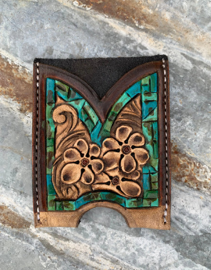 Front Pocket Hand Tooled Leather Wallet with Petite Flowers and Turquoise Border