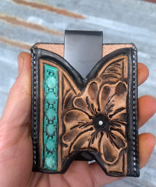 Hand Tooled Leather Boot Wallet with Flower and Southwest Bar