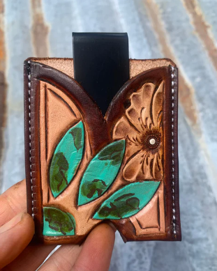 Hand Tooled Leather Boot Wallet with Turquoise Sun and Flower