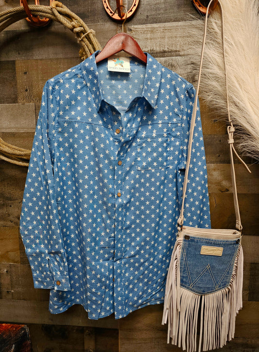 Western Star Print Chambray Denim Button Up Shirt