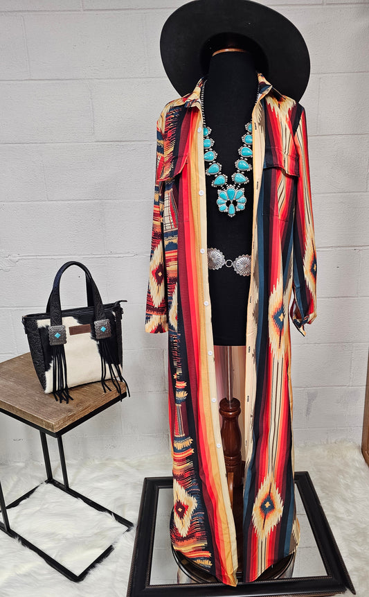 Colores De Mexico Southwestern Aztec Serape Long Sleeve Shirt Dress Duster
