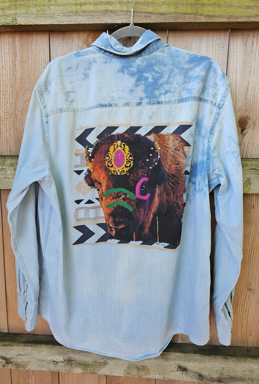 Brazen Buffalo Bleached Denim Shirt with rhinestones