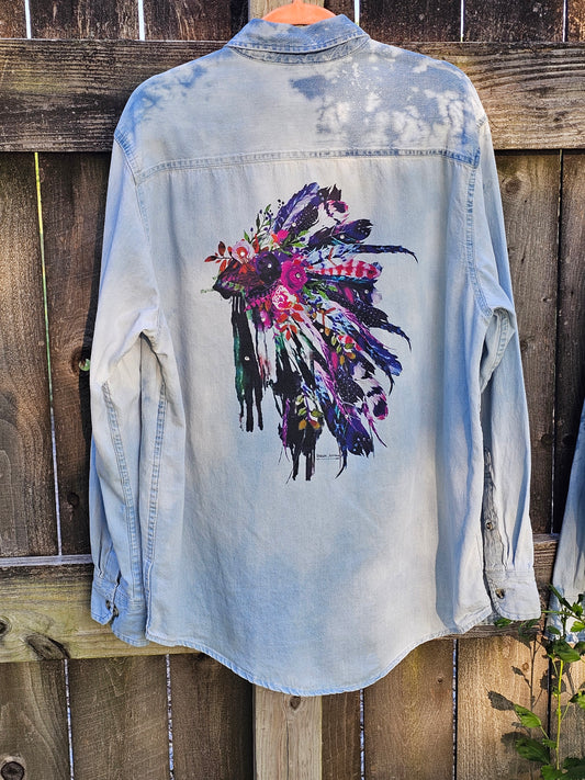 Floral Headdress Bleached Denim Shirt with rhinestones