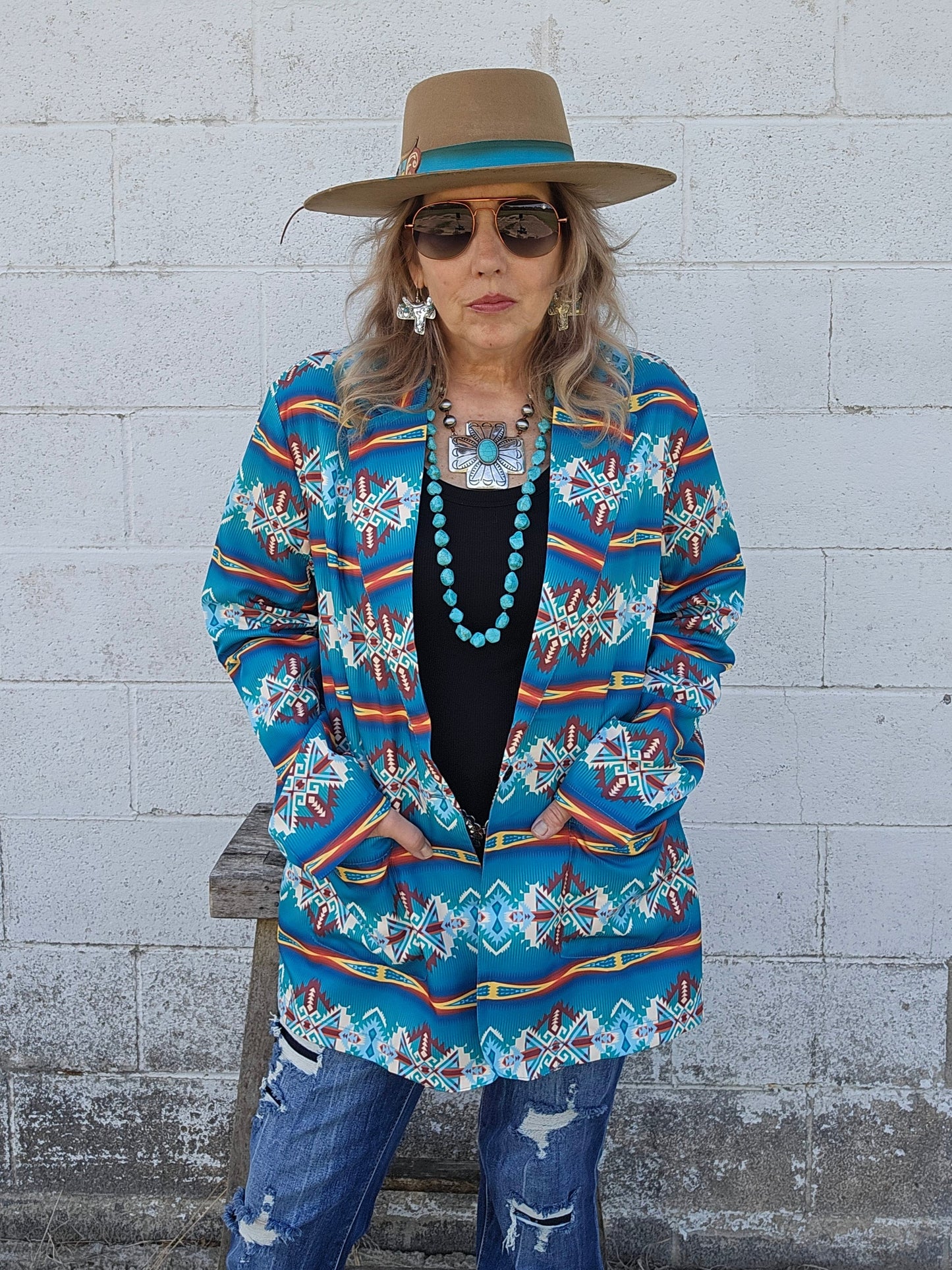 Teal Aztec Women's Western Blazer