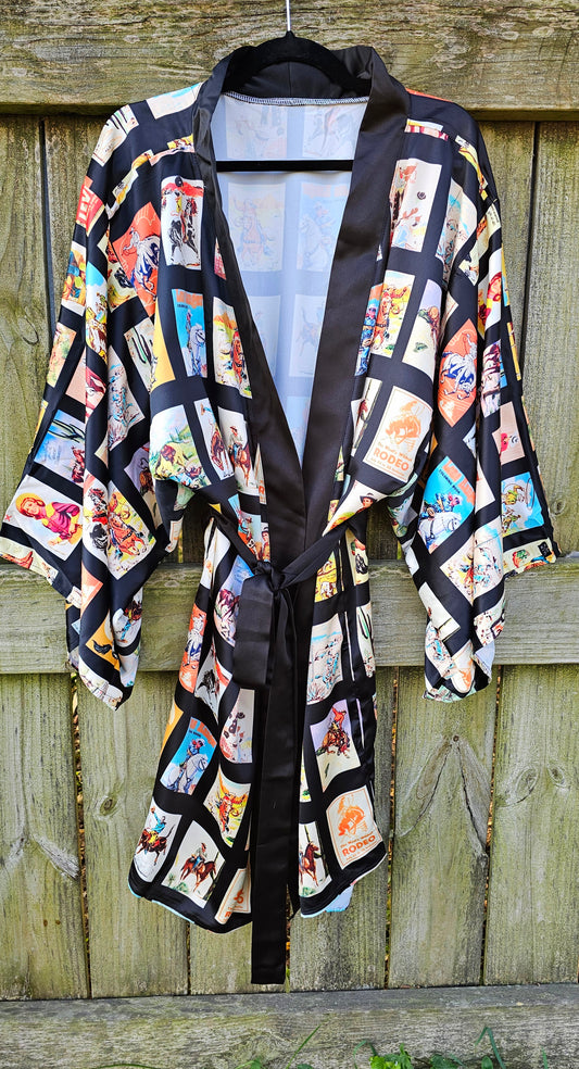 Vintage Cowboy Collage Satin Kimono Robe