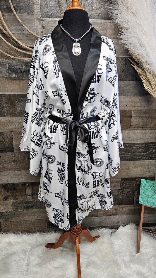 Cowboy Print Western Satin Kimono Robe