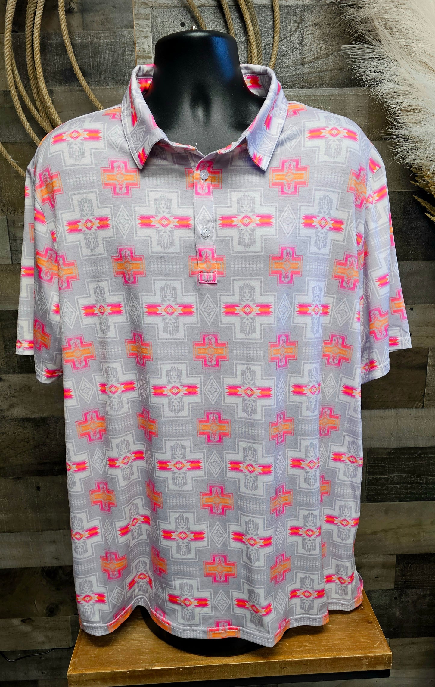 Gray Pink Fire Aztec Men's Polo Shirt