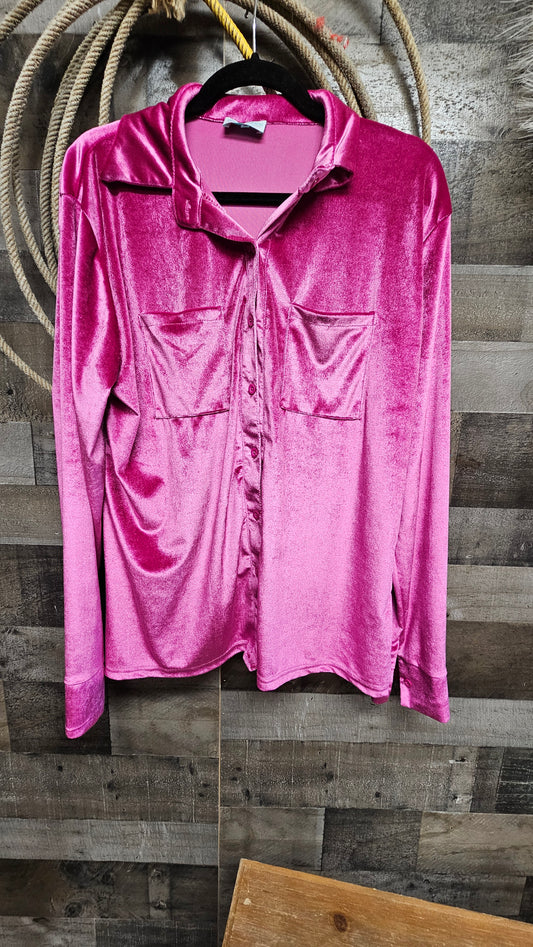 Bright Pink Jewel Tone Velvet Button Up Shirt SIZE XL