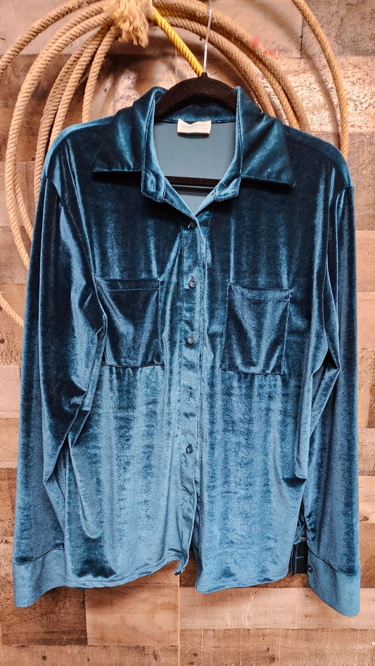 Dark Turquoise Jewel Tone Velvet Button Up Shirts SIZE XL