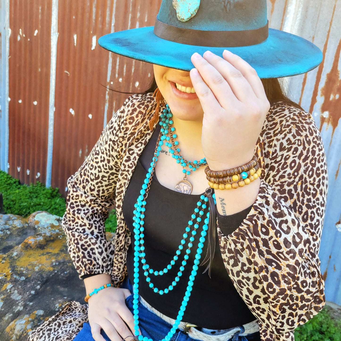 The Jewelry Junkie Bracelet Bar-Wood & Blue Turquoise Beads 806u