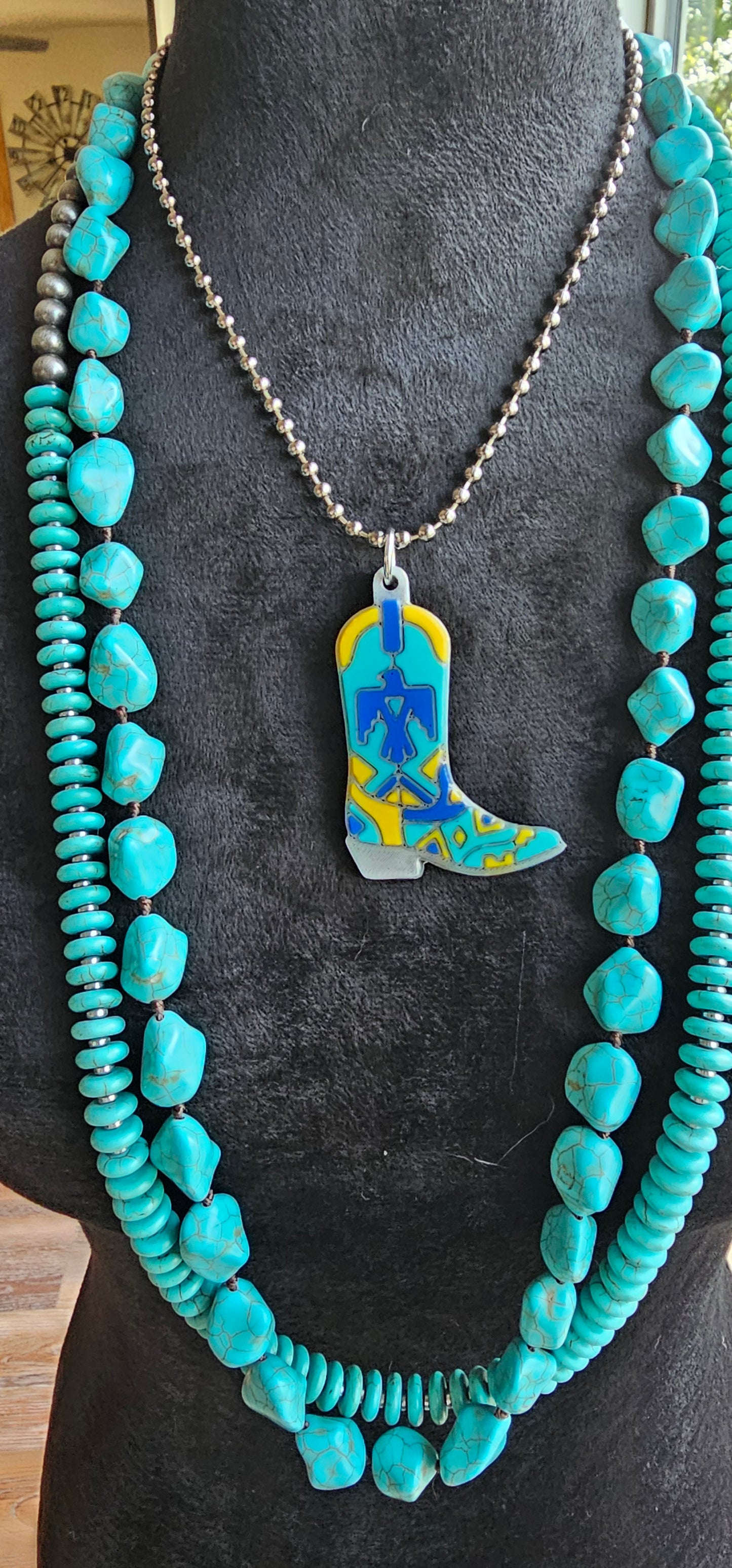 Baha Ranch 3D Print Blue Thunderbird Inlay Boot Necklace