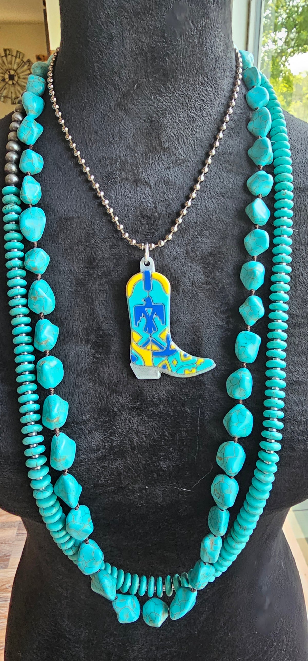 Baha Ranch 3D Print Blue Thunderbird Inlay Boot Necklace
