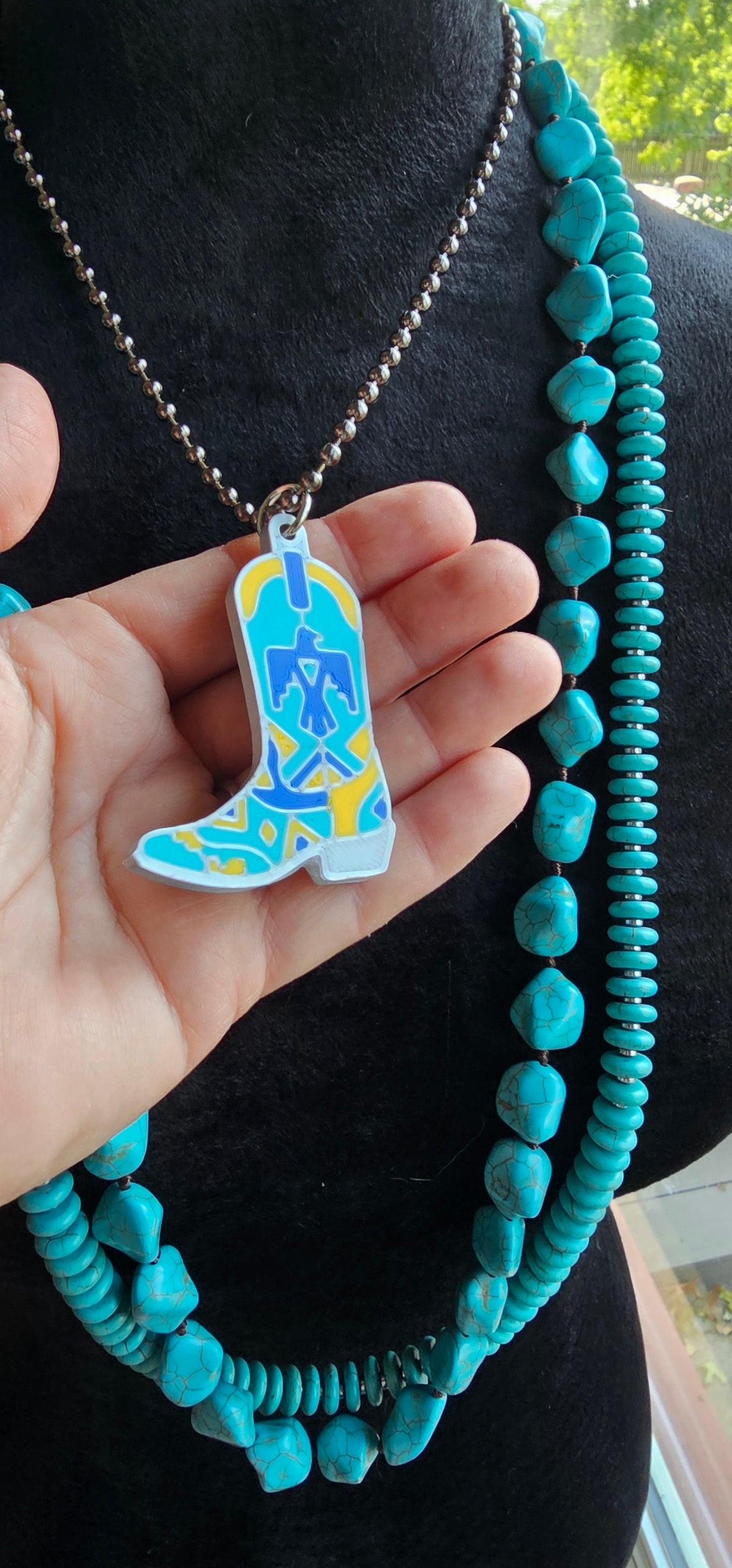 Baha Ranch 3D Print Blue Thunderbird Inlay Boot Necklace