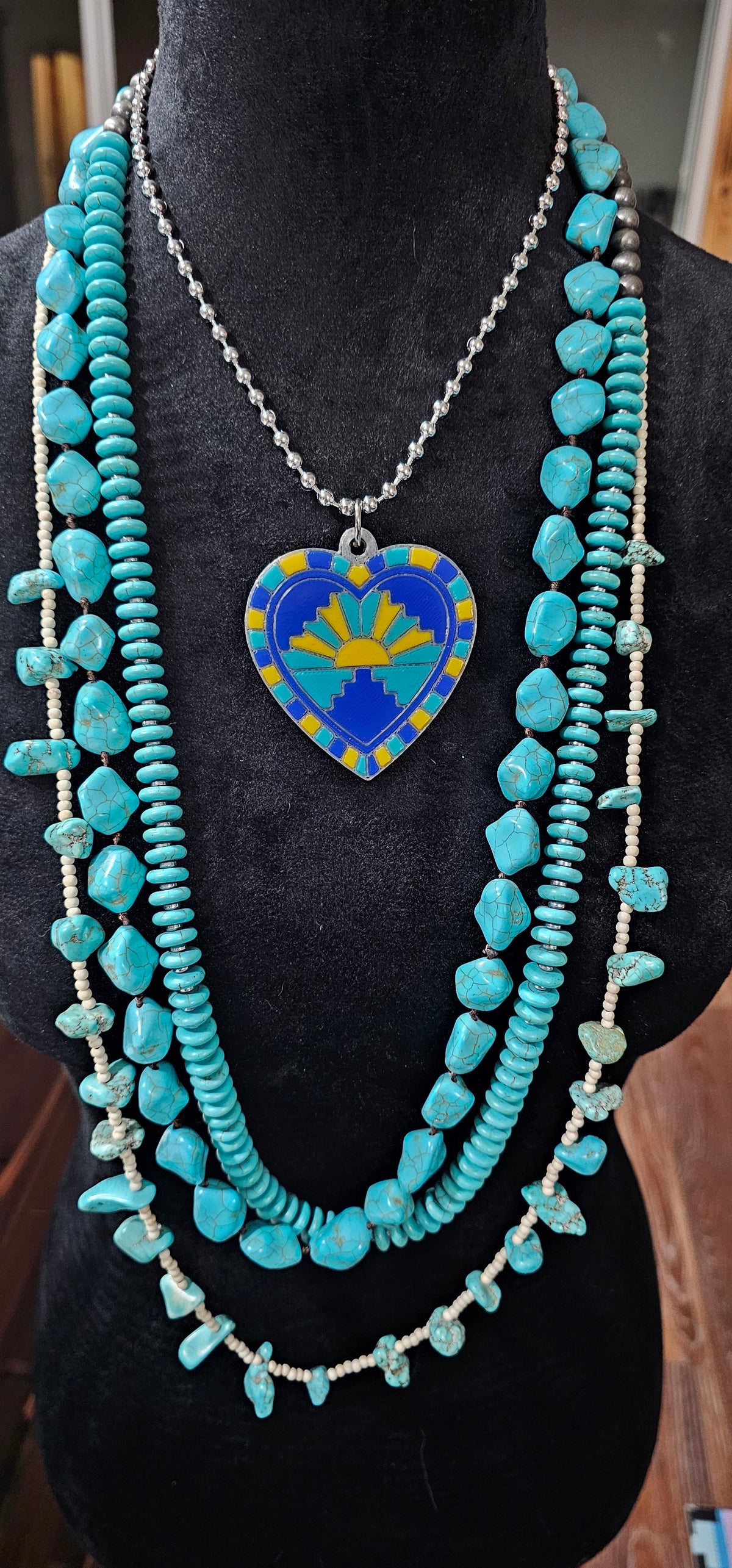Baha Ranch 3D Print Blue Yellow Sunrise Inlay Heart Necklace