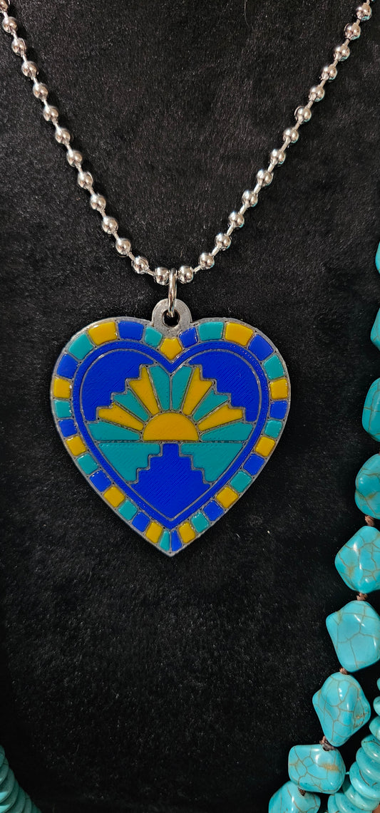 Baha Ranch 3D Print Blue Yellow Sunrise Inlay Heart Necklace
