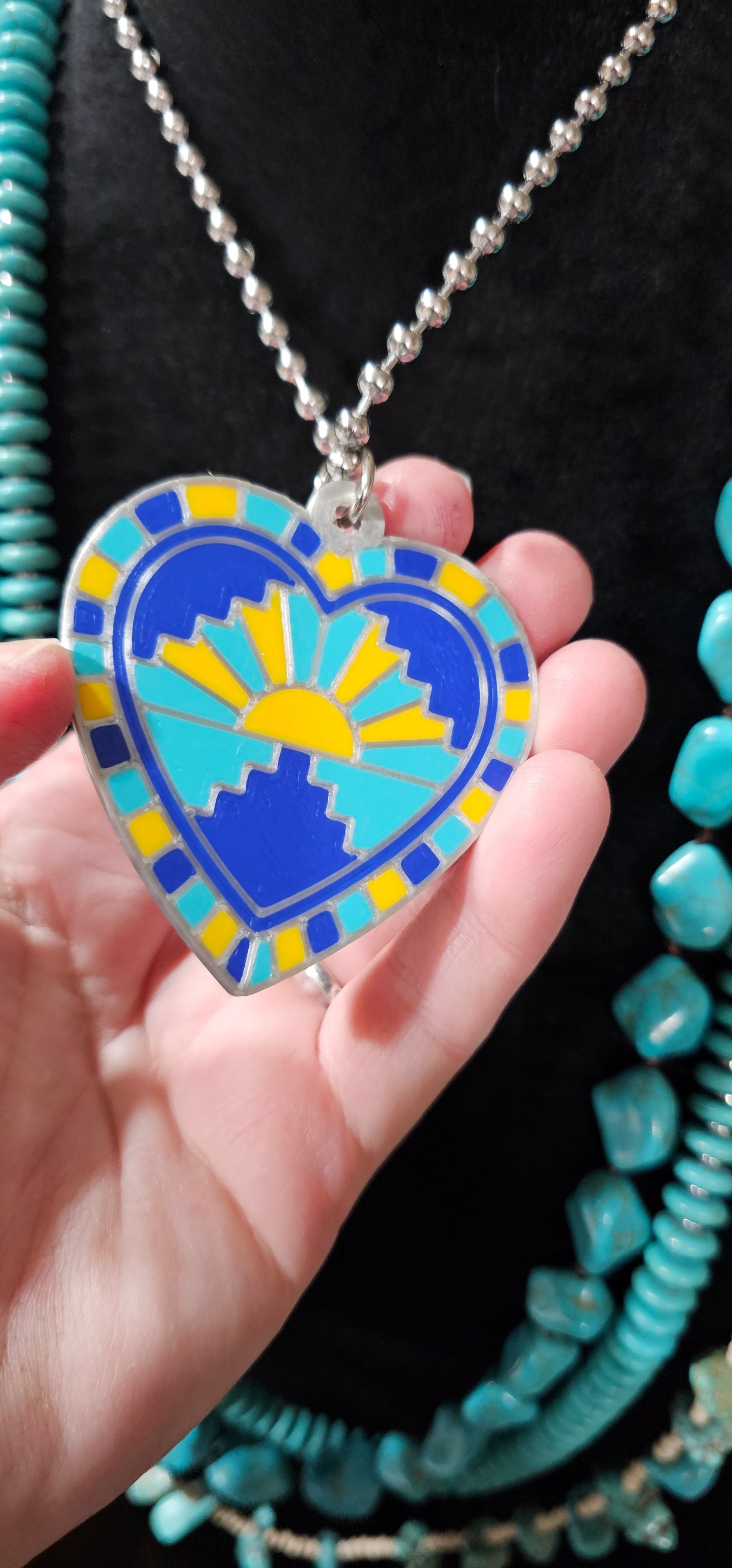 Baha Ranch 3D Print Blue Yellow Sunrise Inlay Heart Necklace