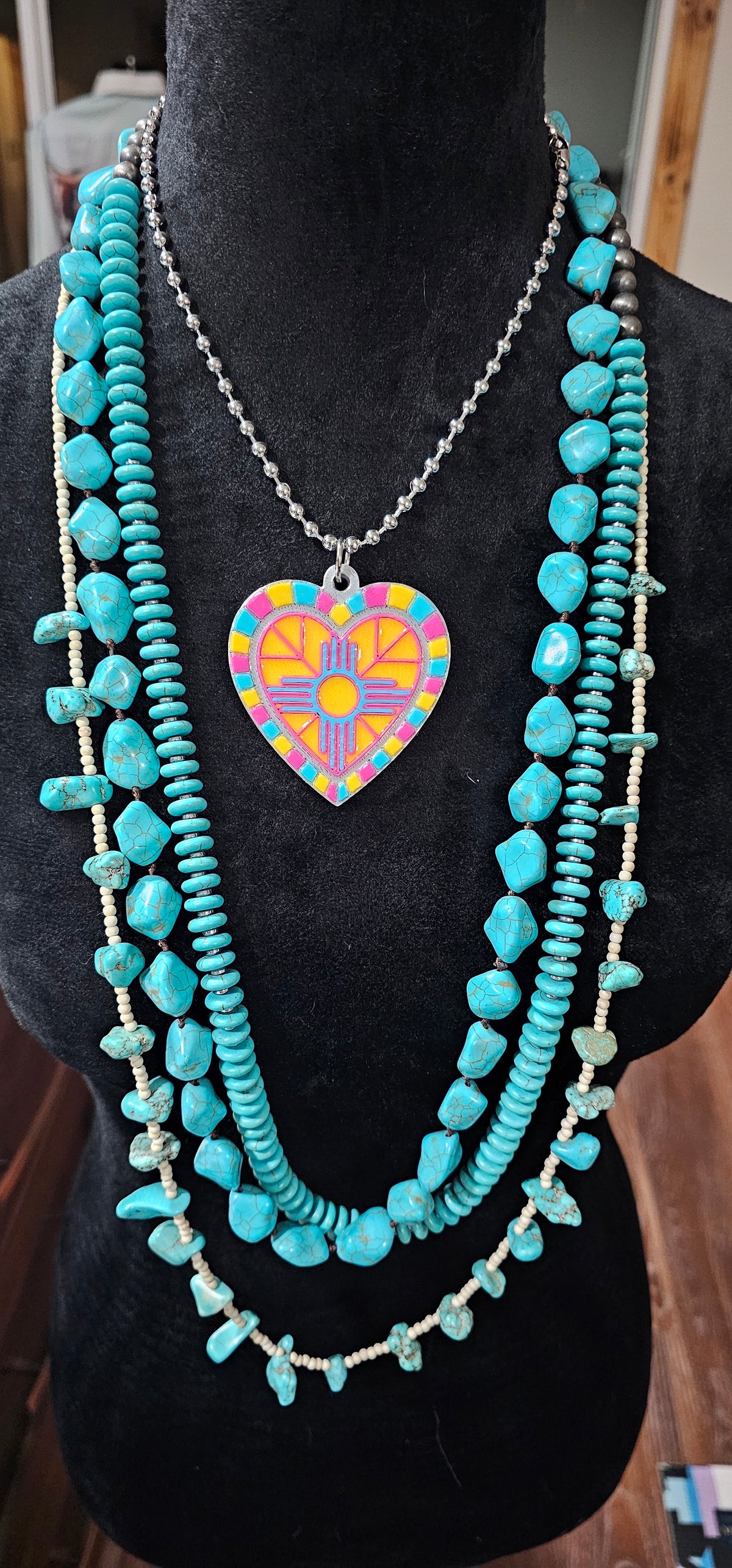 Baha Ranch 3D Print New Mexico Pink Yellow Zia Inlay Heart Necklace